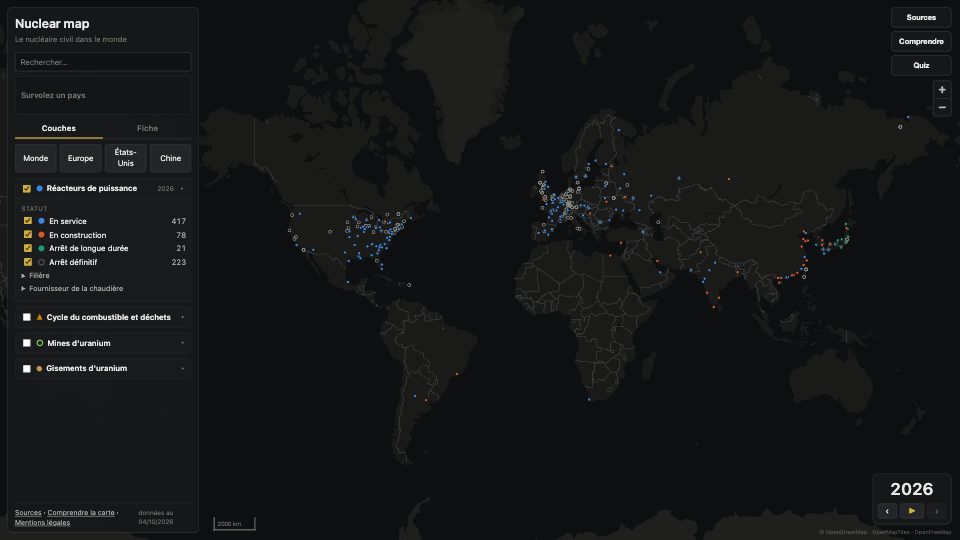 Aperçu de Nuclear map : les réacteurs de puissance du monde sur fond sombre